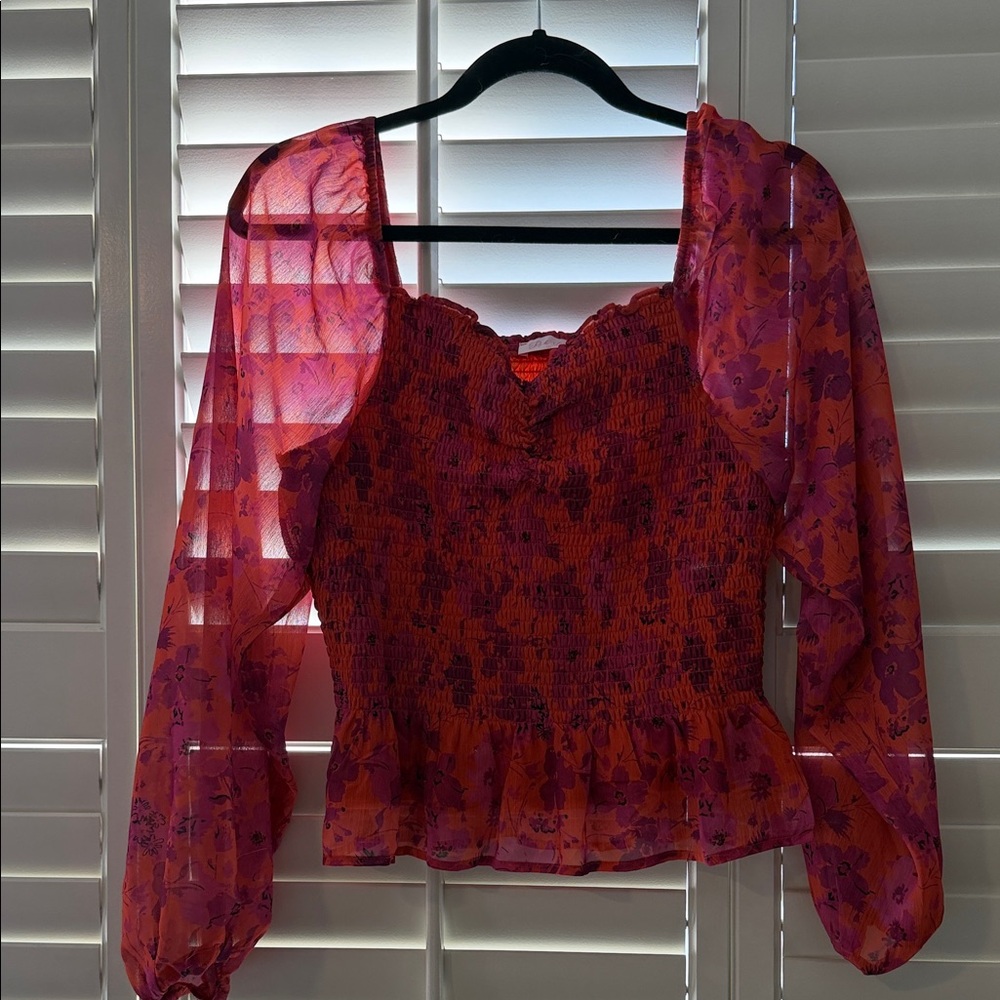 Pink Lily Floral Smocked Blouse - Pink and Purple